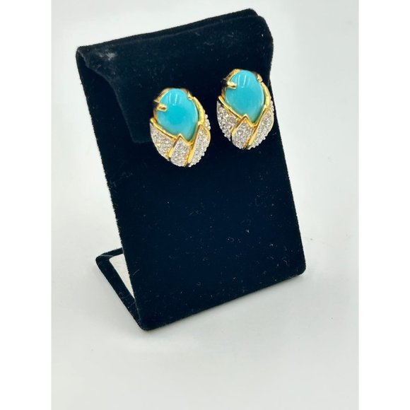 Signed Joan Rivers Clip Earrings Blue Turquoise Plastic Cabochon Clear Crystals - Picture 2 of 5